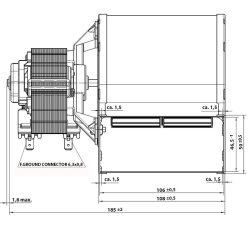 Konvektionsbl�ser:Total l�ngde 185mm, dyse �bning 108 x 50mm, motor p� venstre side